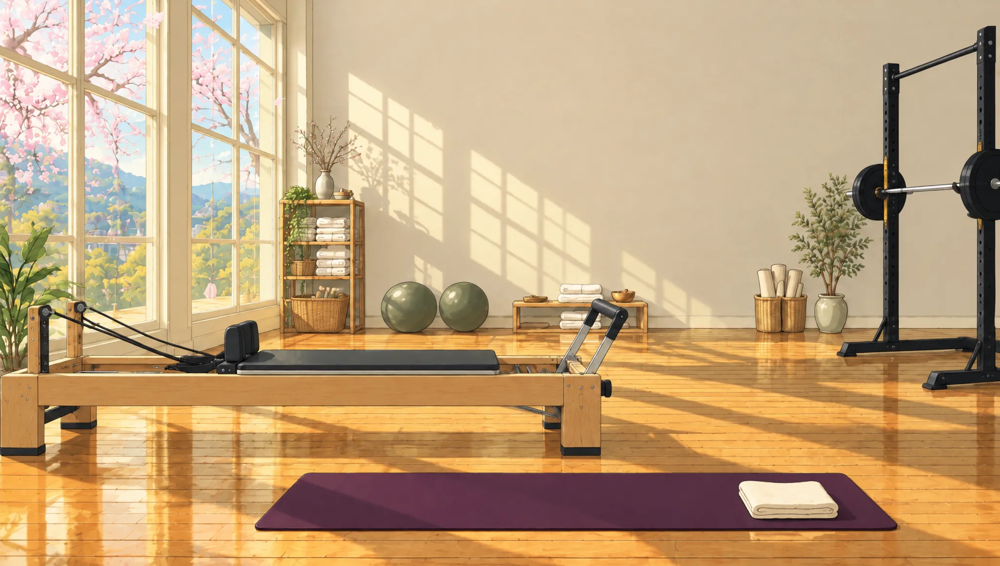 Gezeichnetes Studio mit Reformer, Yogamatte und Squat Rack vor einer hellen Wand, durchs Fenster scheint die Sonne auf Kirschbäume.
